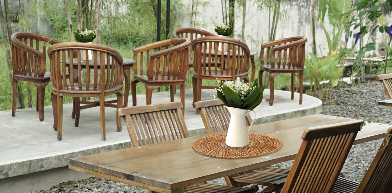 Sustainable restaurant design trend with with wooden and bamboo furniture and decorative items