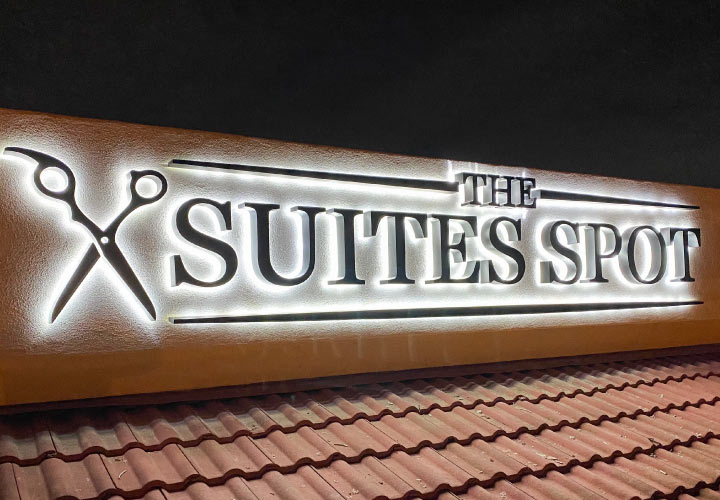 The Suites Spot reverse channel letters made of aluminum and acrylic for the community design
