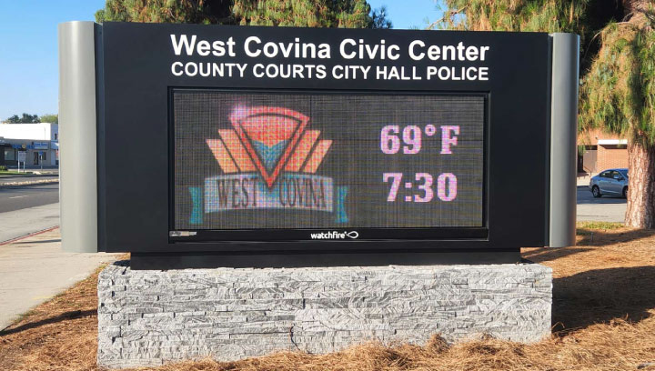 The City of West Covina neighborhood signage with a screen and made of aluminum and acrylic