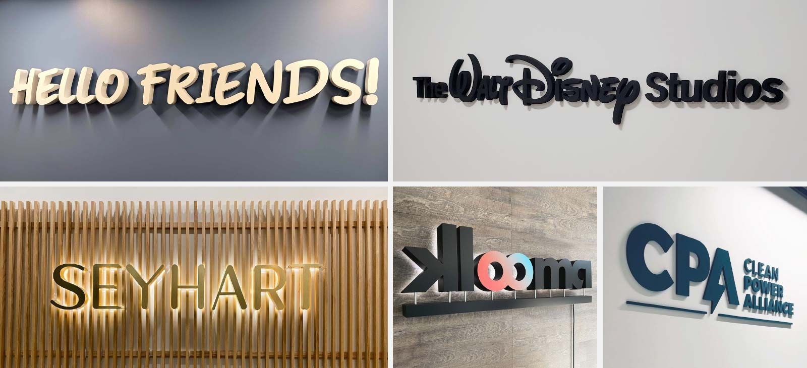 3d wall letters in different fonts, colors and illumination styles for interior office branding