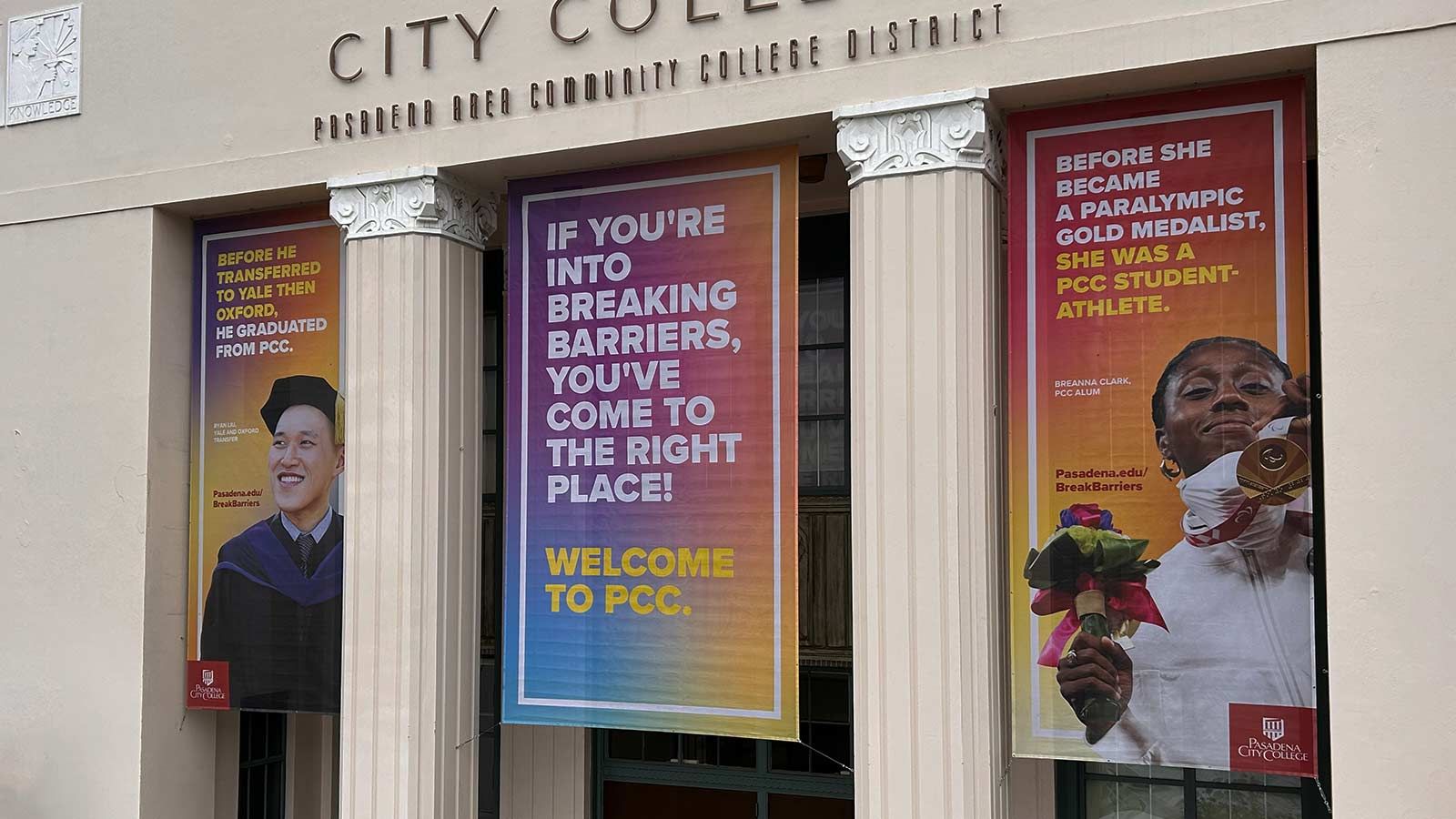 Pasadena City College banners hanging at the entrance