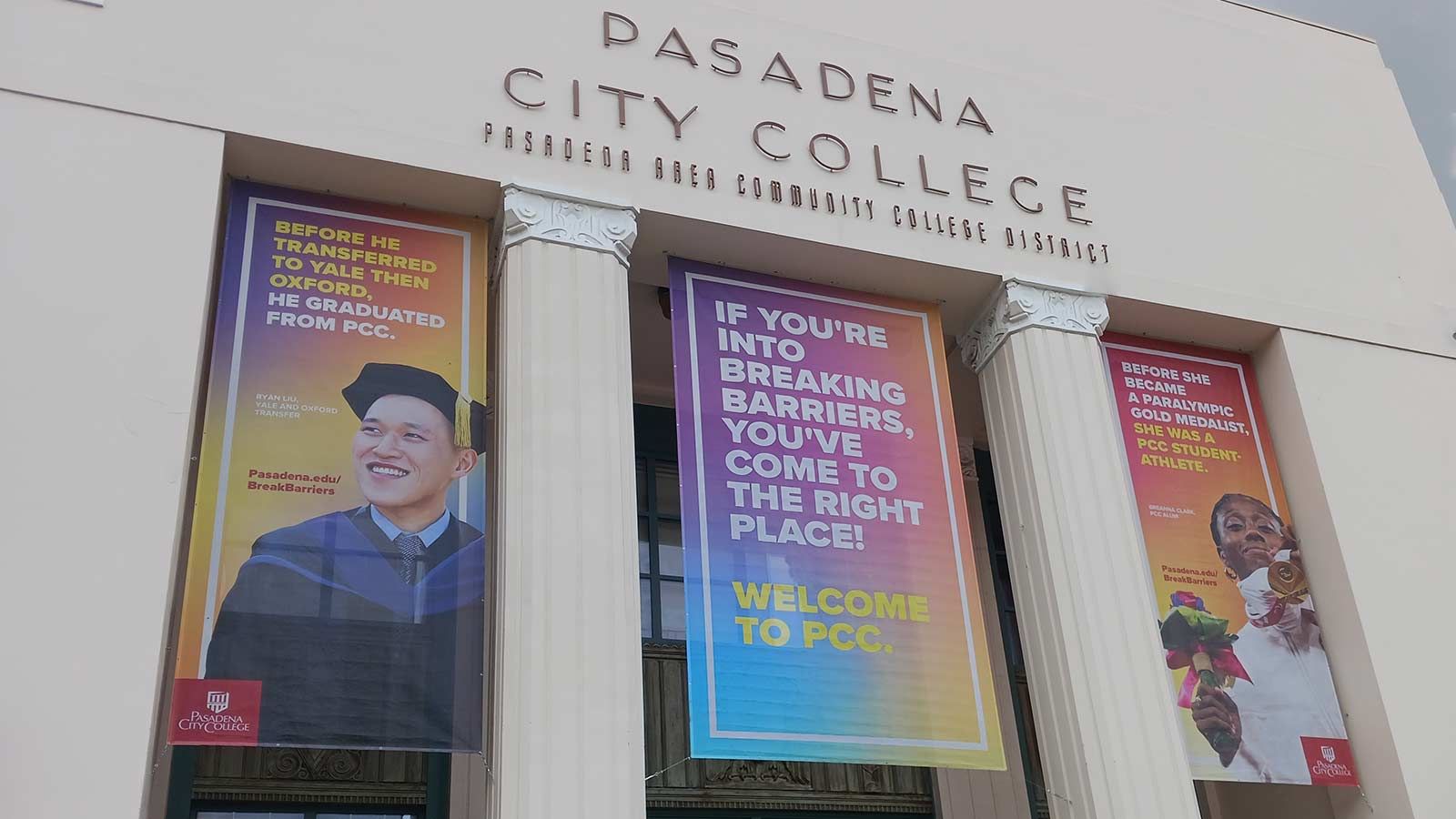 Pasadena City College banners installed at the entrance