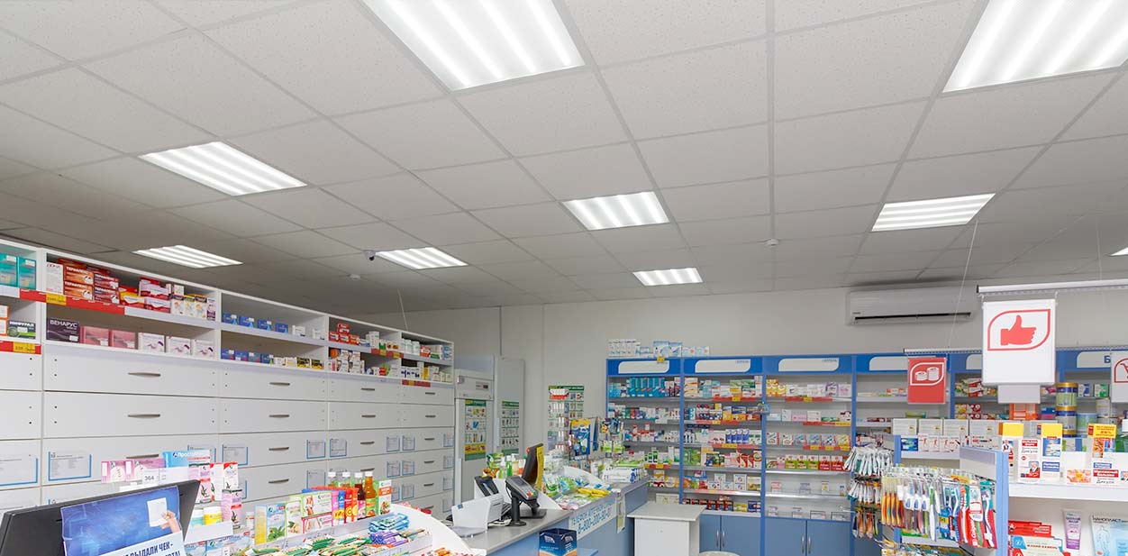 Old pharmacy interior design with fluorescent lighting