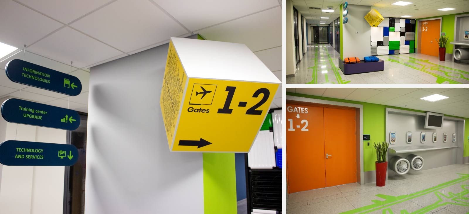 Creative wayfinding signage in the form of indoor colorful structures and adhesives