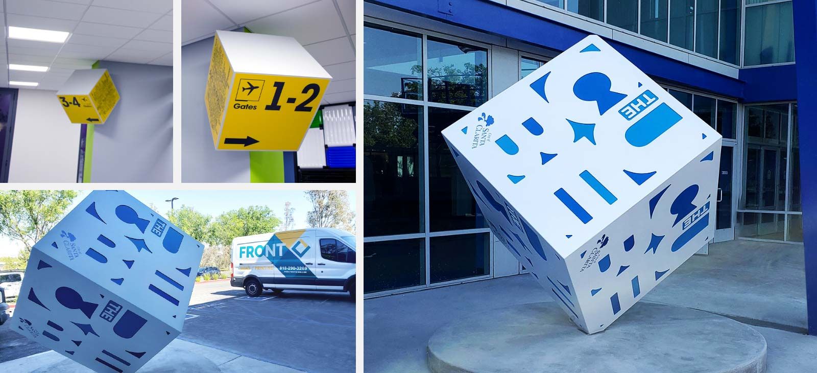 Colorful cube signage displays in hanging and freestanding styles for creative branding