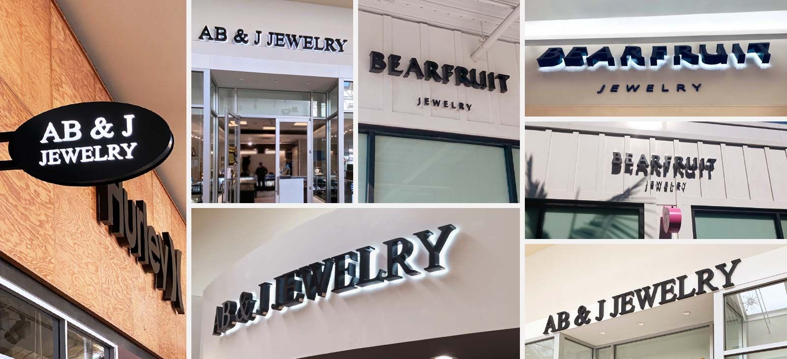 Black jewelry signage displays in different styles for exterior branding