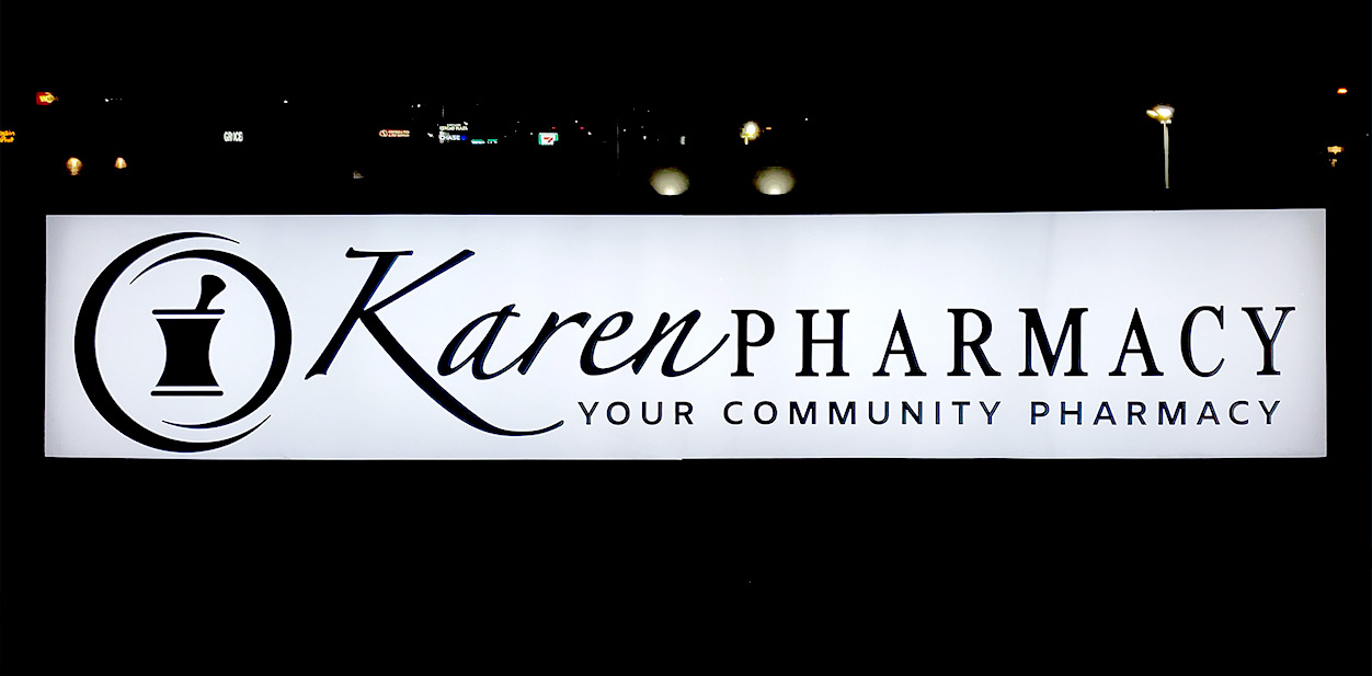 Karen Pharmacy signage design in a modern style with illumination