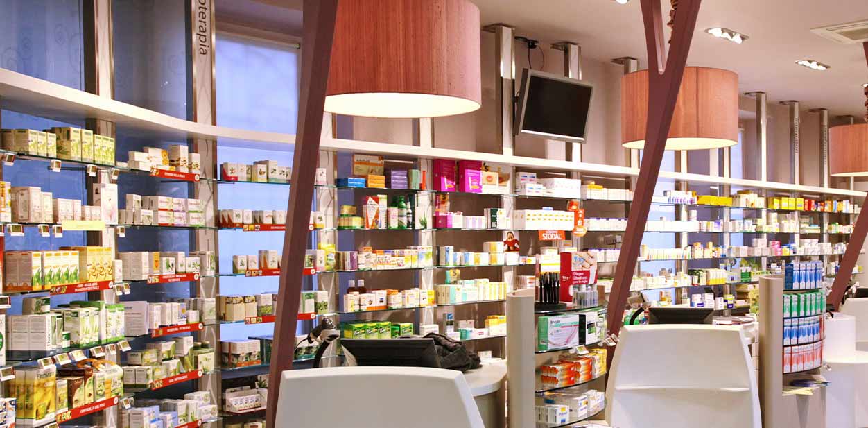 Modern pharmacy design with warm interior lighting