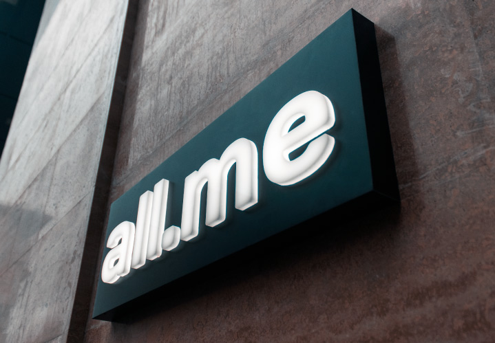 All.me brand push through sign made of acrylic for exterior wall branding