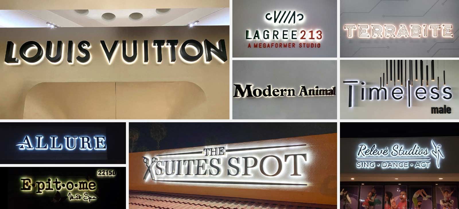 Indoor and outdoor backlit logo sign displays with company brand names