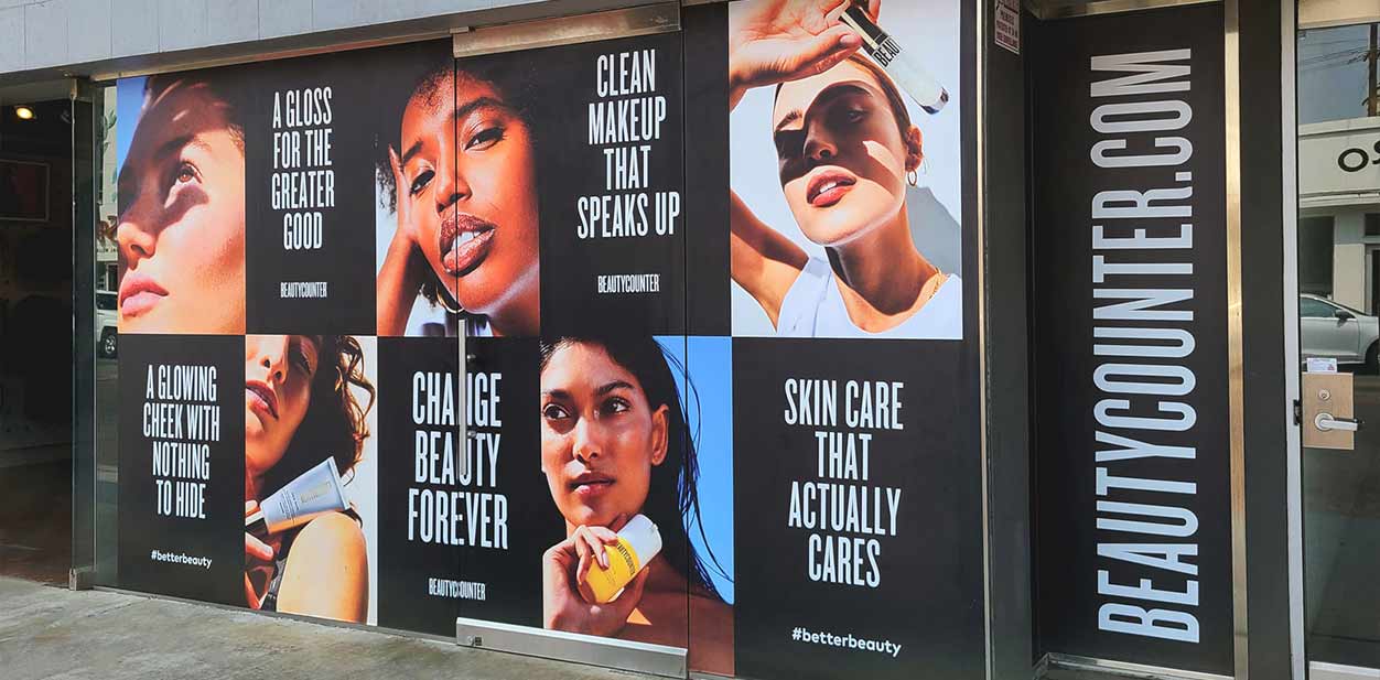 Beautycounter modern retail shop design with large promotional window displays