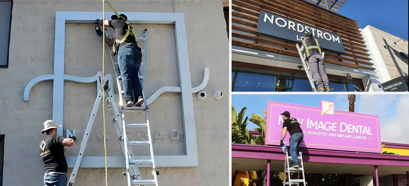 Outdoor building sign repair process for different companies