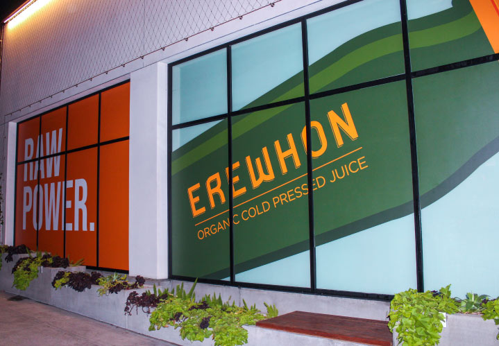 Erewhon window decal displaying the brand name on vinyl, a material also applicable to walls