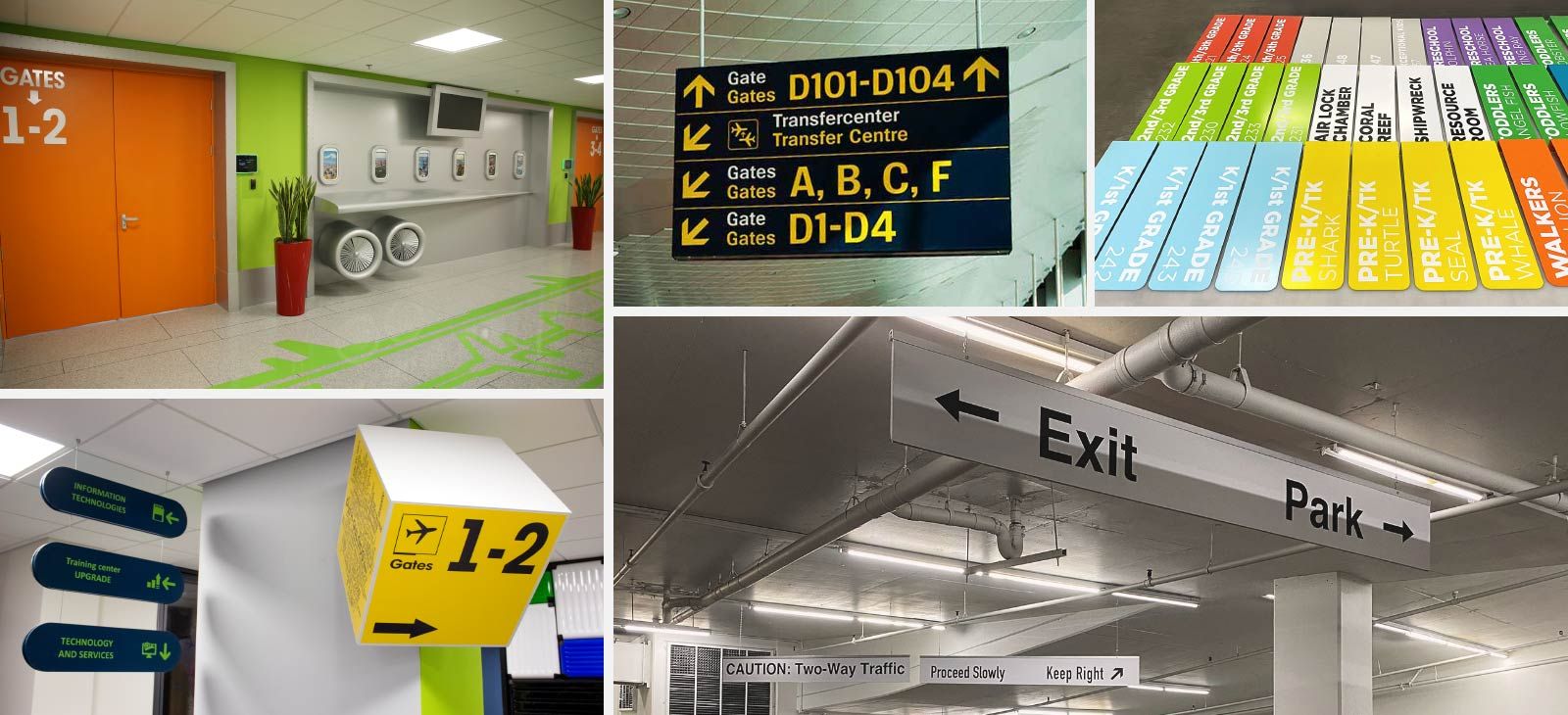 Colorful interior wayfinding displays for different business venues and institutions