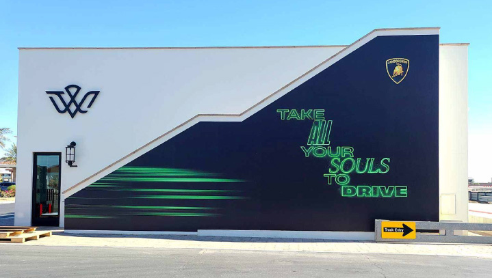 Lamborghini business wall signage in a custom shape made of adhesive opaque vinyl material