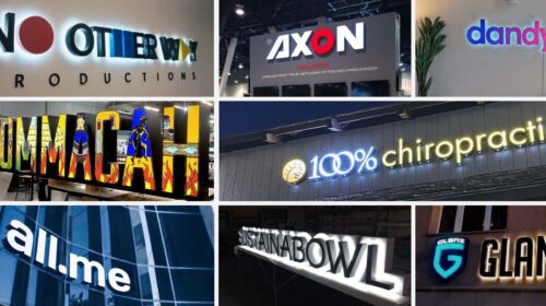 Lighted channel letters displaying different brand names and logos in diverse styles