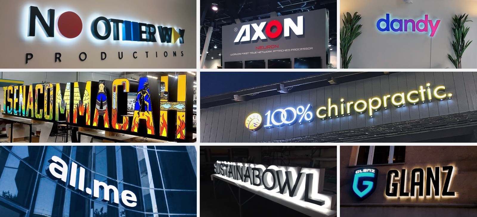 Lighted channel letters displaying different brand names and logos in diverse styles