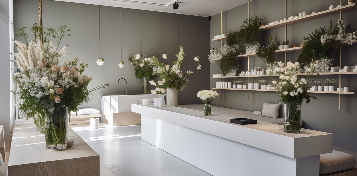 Modern floral retail interior design highlighted with hanging chandeliers and greenery