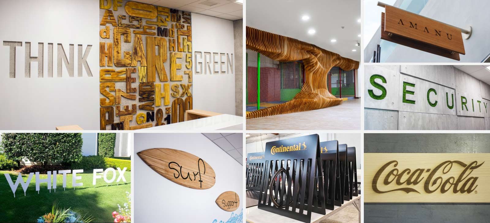 3D wooden letters and signs for different brands in various styles with indoor and outdoor placements