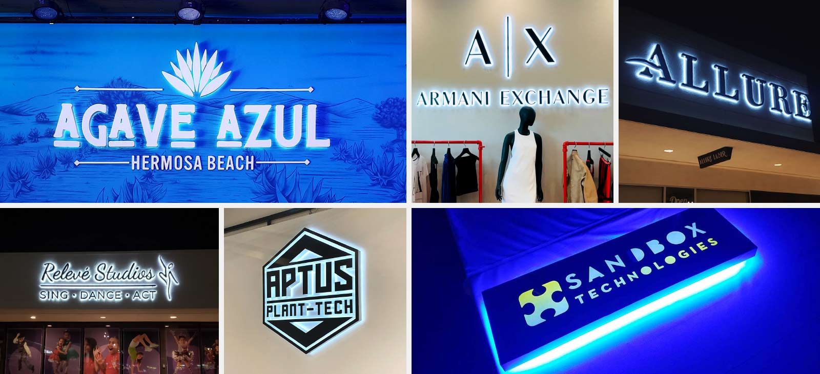 Backlit metal signs for famous brands in various designs with exterior and interior placements