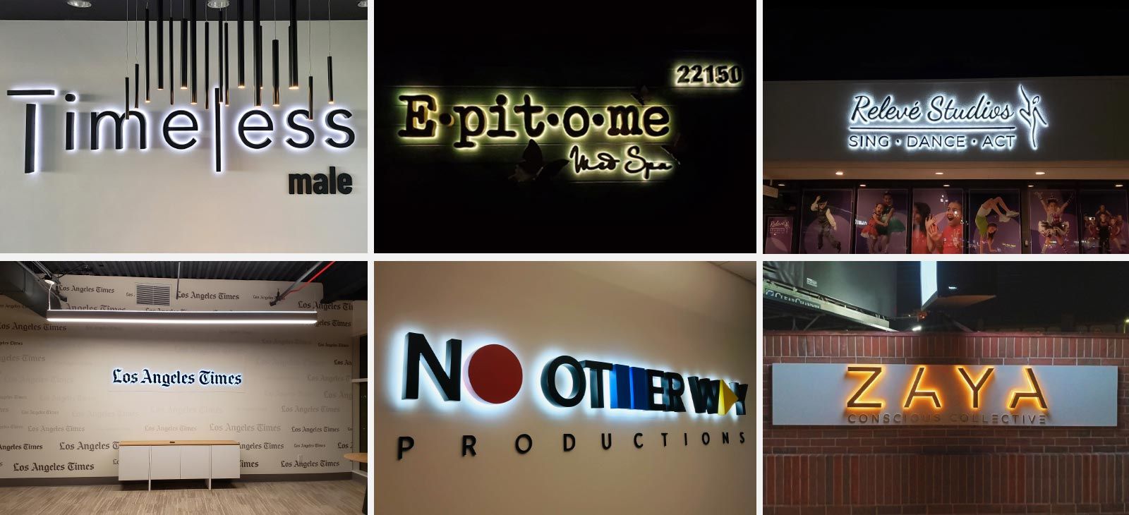 Backlit signs for different brands and in various designs installed indoors and outdoors