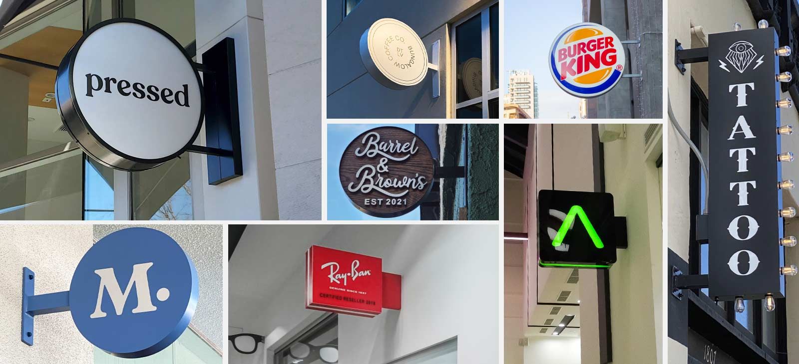 Blade sign displays in round and square shapes displaying brand names and logos outdoors
