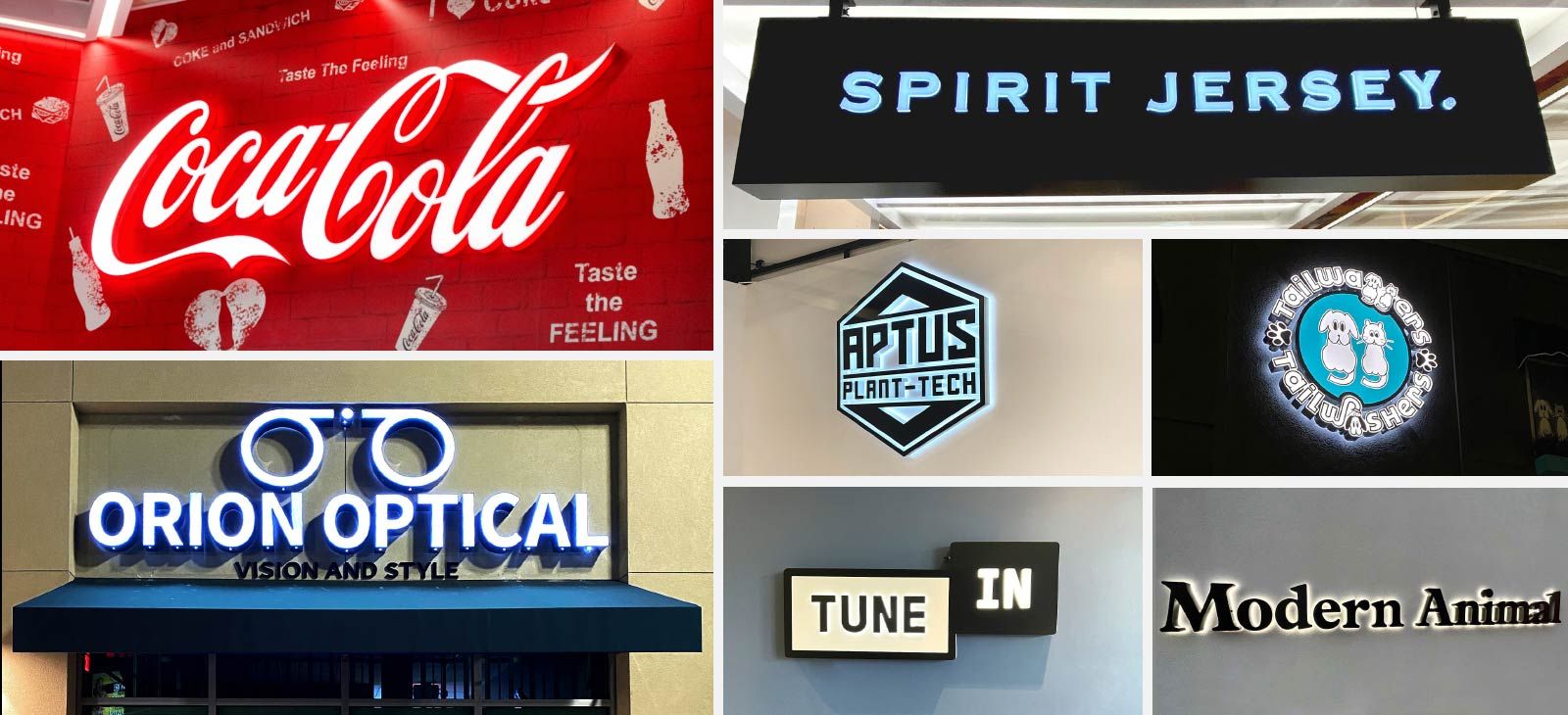 Illuminated logo signs for different brands made in various styles with indoor or outdoor placements