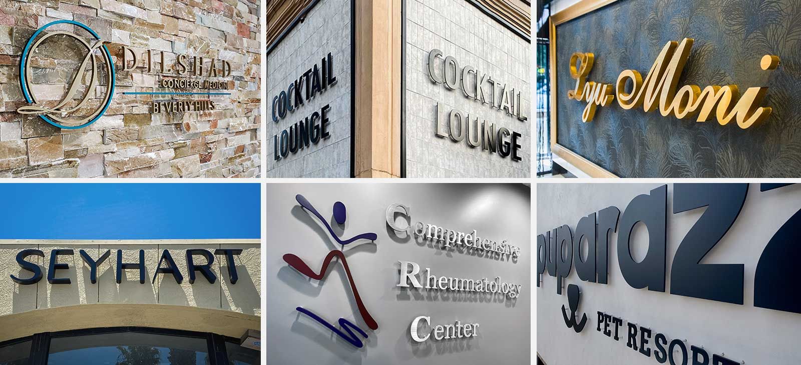 Pin-mounted letters in different colors displaying brand names and logos indoors and outdoors