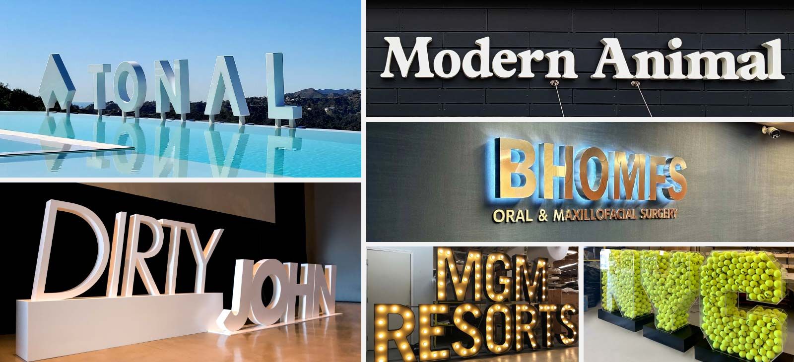Three dimensional letters made in different styles, illumination and placement options