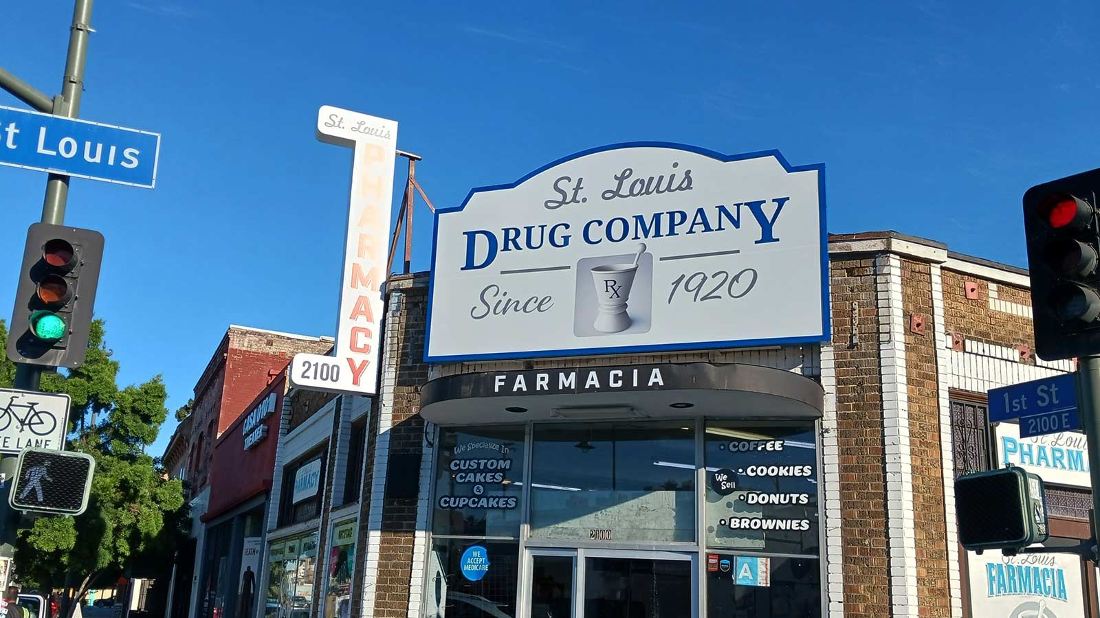 St Louis Drug Company outdoor signs mounted on the building