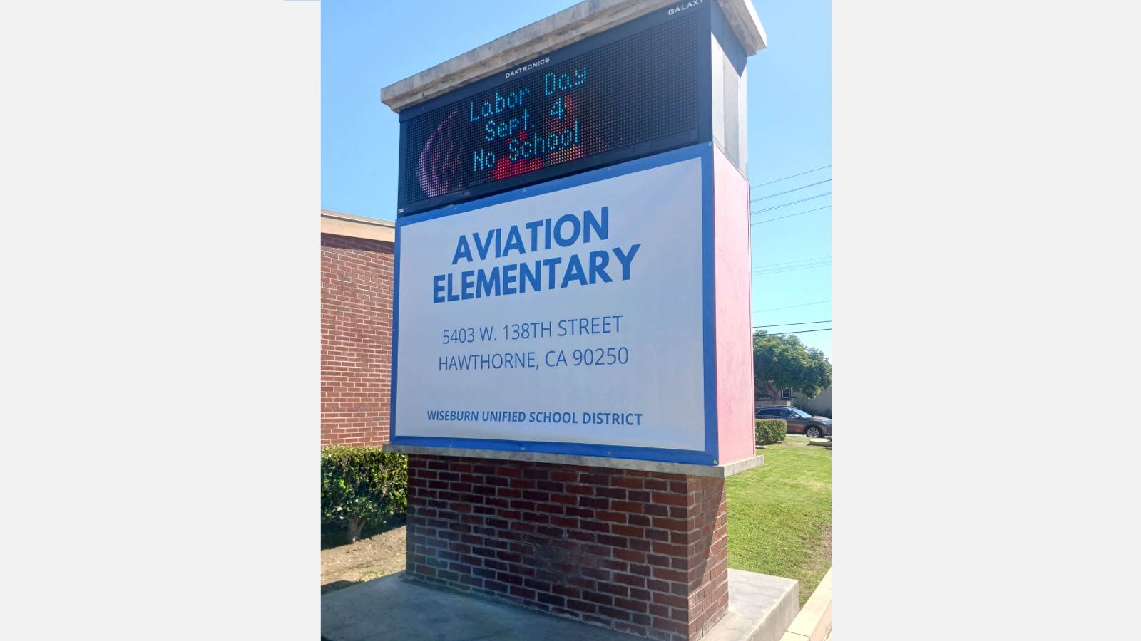 Aviation Elementary School banner installed outdoors