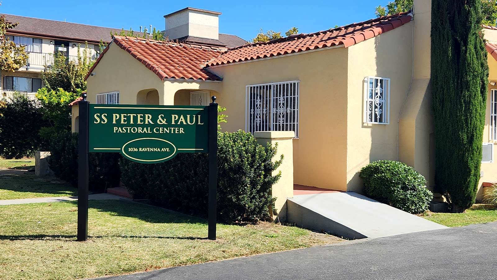 SS Peter & Paul Pastoral Center yard sign at the entrance