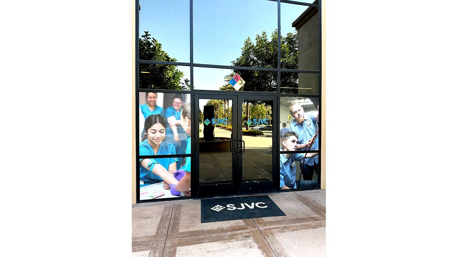 SJVC Ontario window decals attached to the doors