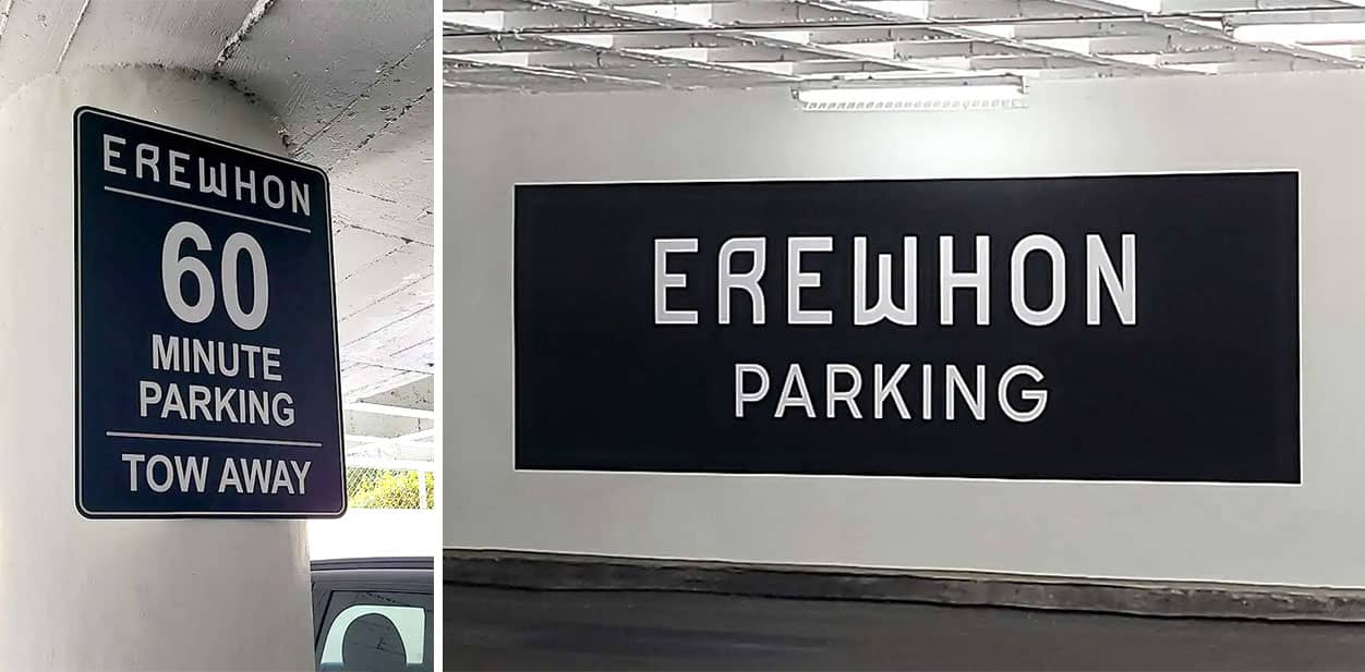 Erewhon corporate branding design in black and white displaying the parking info