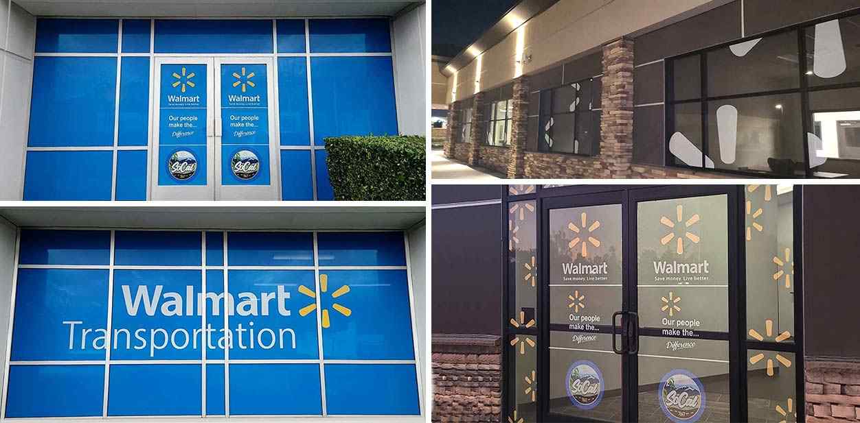 Walmart branding design in yellow and blue featuring the brand name and logo on windows