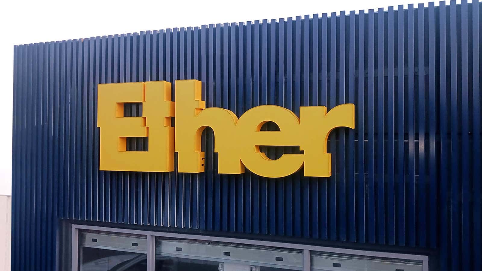 Ether high rise sign on the exterior metallic construction