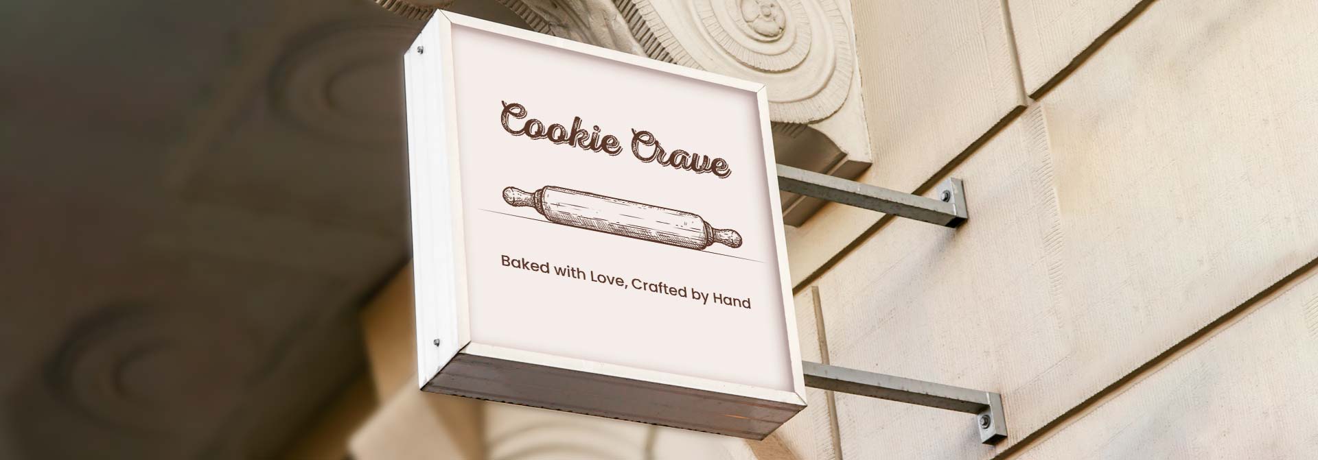 Square bakery signage idea with the brand motto and rolling pin logo