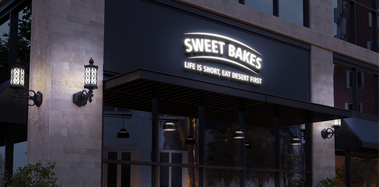 Outdoor bakery signage idea with illumination and brand name