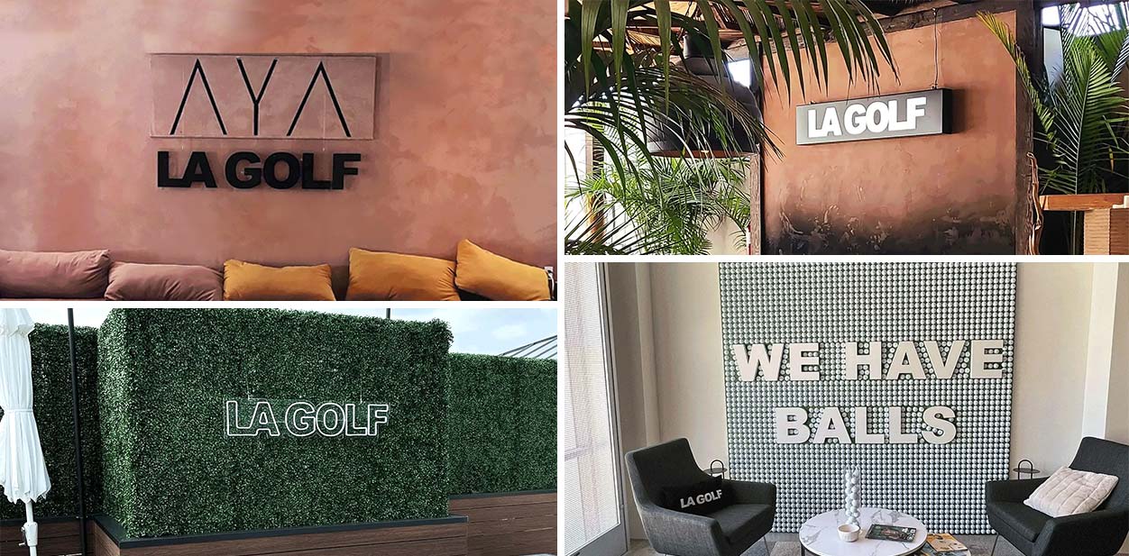 La Golf corporate branding concepts with with indoor and outdoor brand name displays