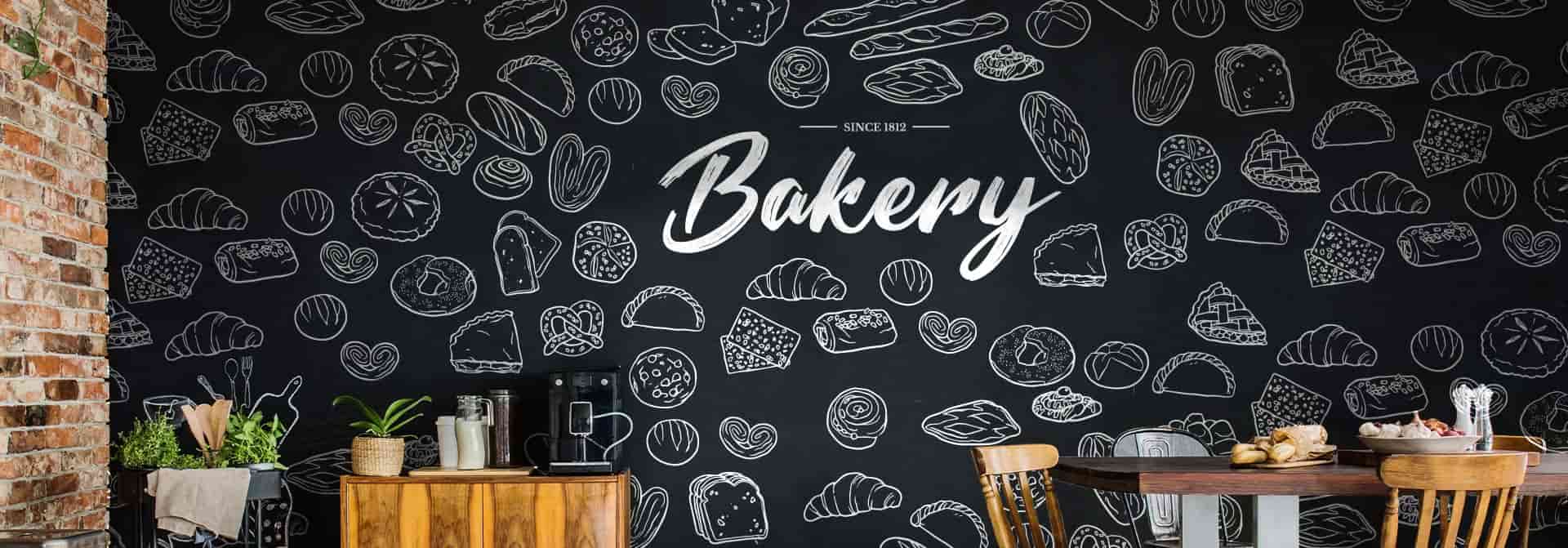 Modern bakery wall art adorned with a pastry motif and the word bakery.