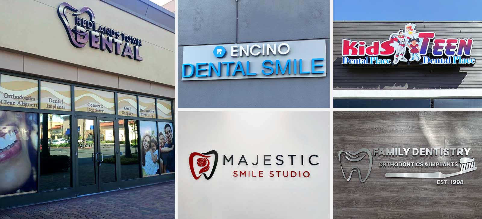 Dental office signage displays in different styles for interior and exterior placement