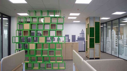 green cubes aluminum and wooden display
