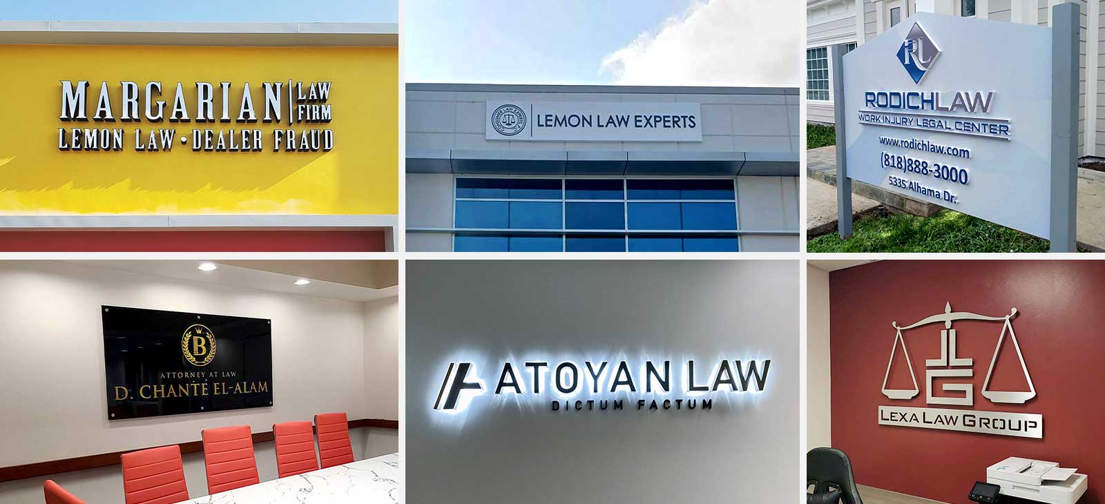 Law office signage displays in different styles for outdoor and indoor areas