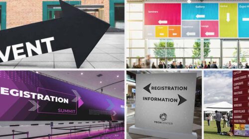 Event directional signage displays in various designs suitable for indoor and outdoor use
