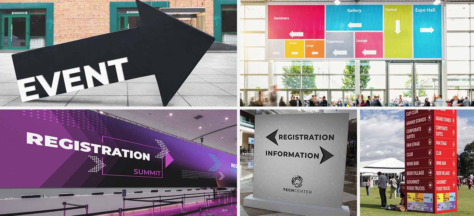 Event directional signage displays in various designs suitable for indoor and outdoor use