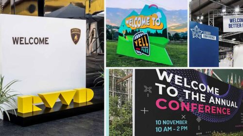 Event welcome signs displaying in various styles for outdoor and indoor areas