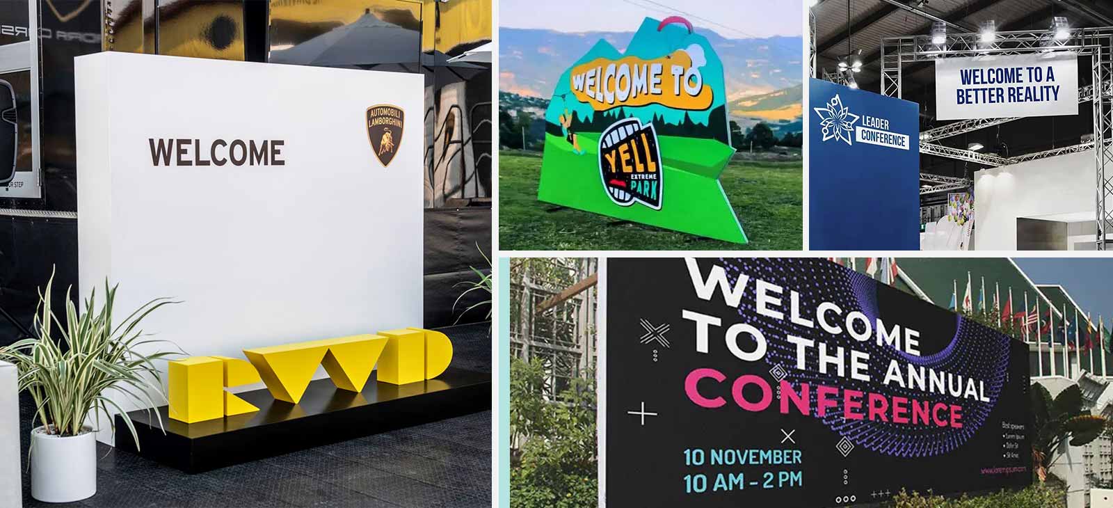 Event welcome signs displaying in various styles for outdoor and indoor areas