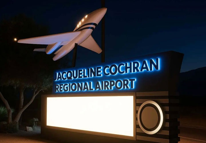 Large illuminated airport freestanding sign with a plane on top at night.