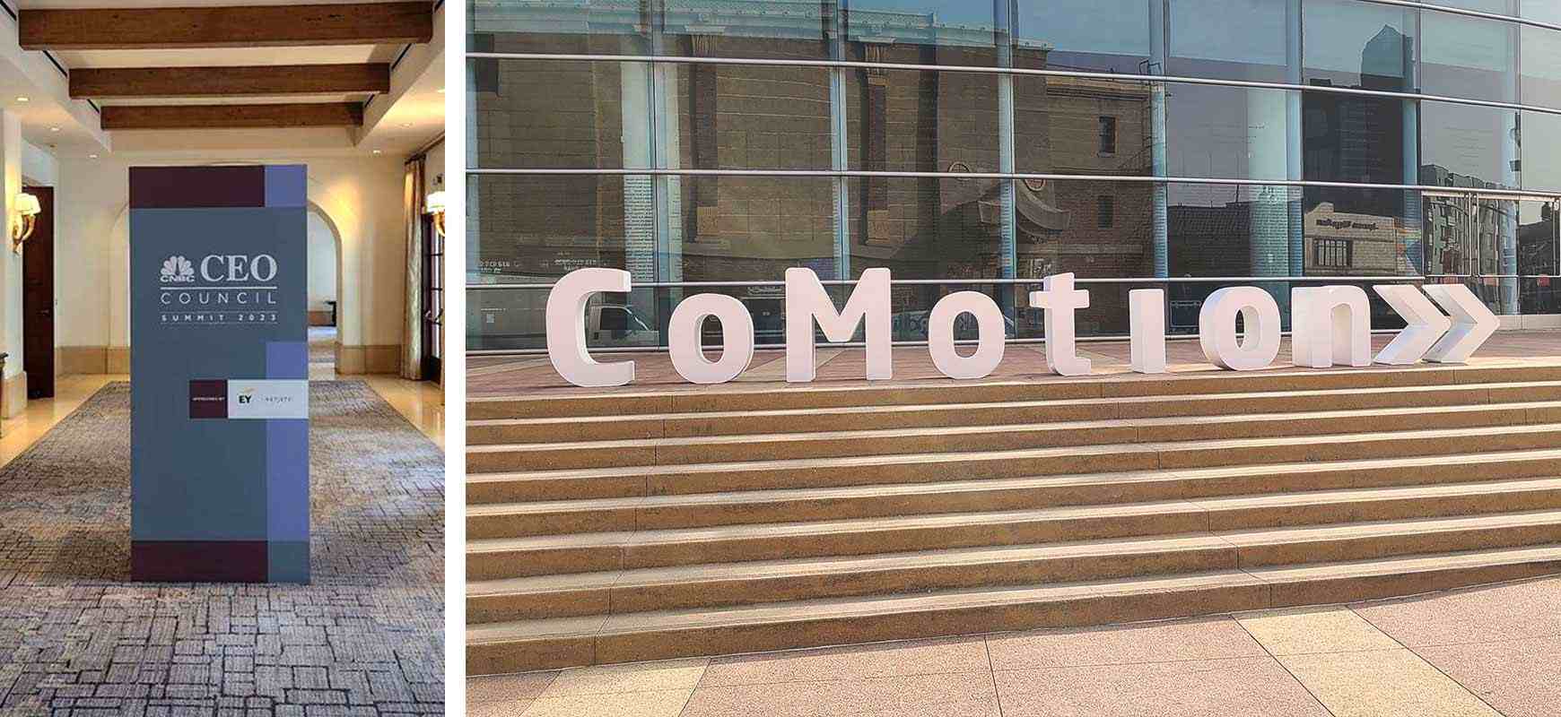 Two freestanding signs for the CNBC CEO Council Summit and CoMotion.