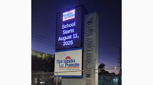 acienda la puente pylon sign installed at campus